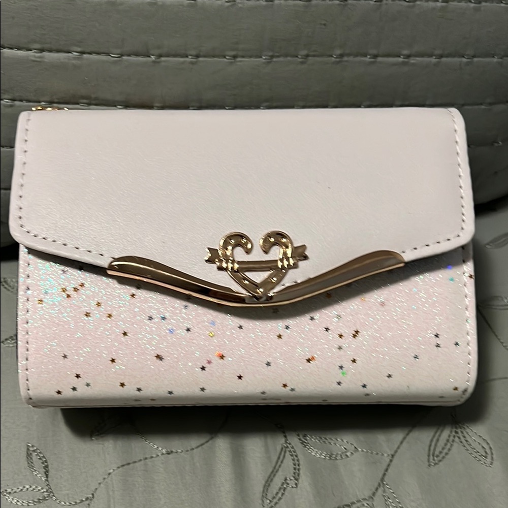 White Leather Wristlet with Gold Clasp and Pink Speckles